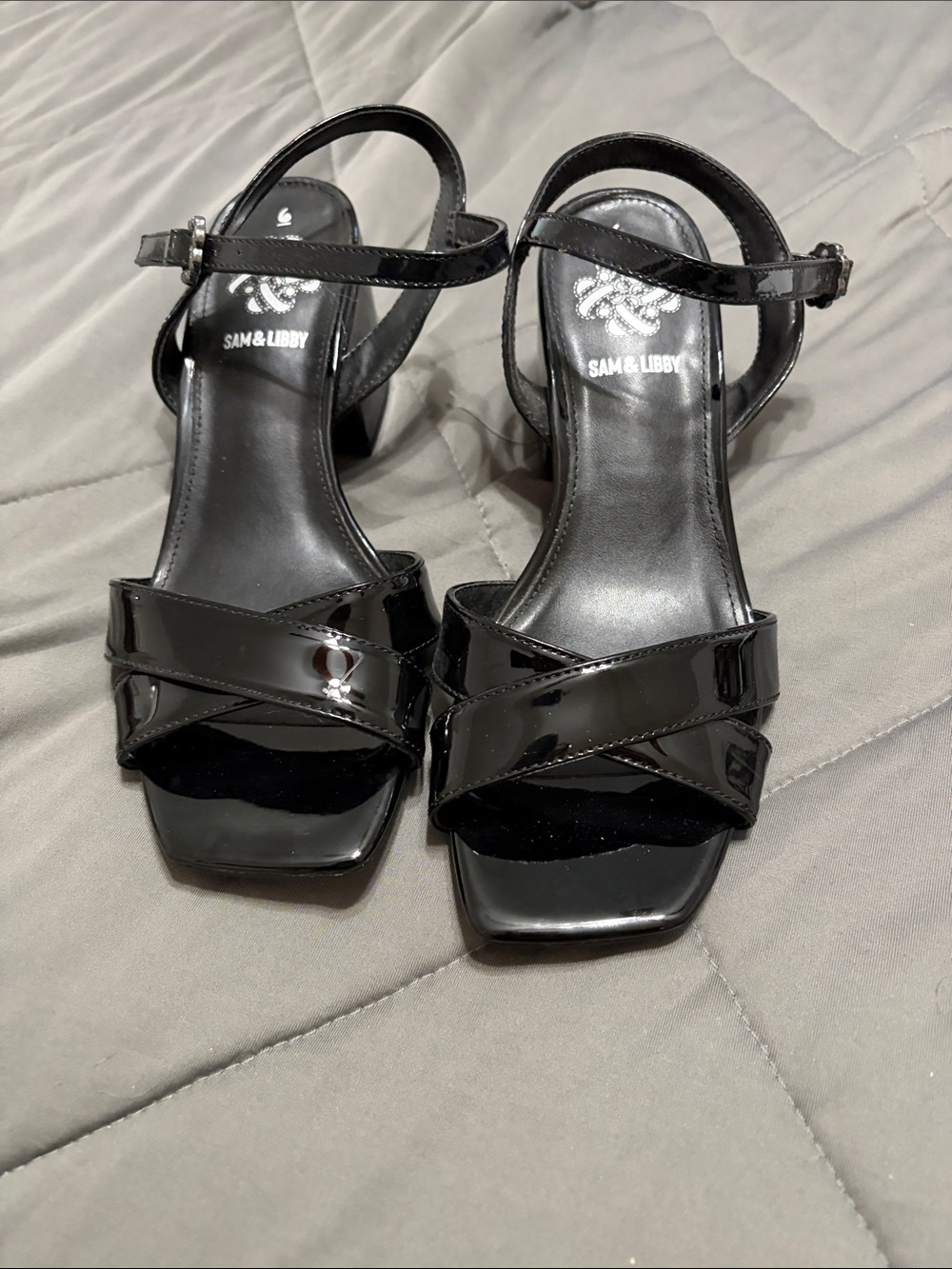Sam & Libby Black Patent Crisscross Ankle Strap Heels